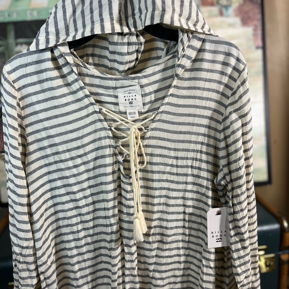 Gray and White Striped Hoodie with Lace-Up Front
